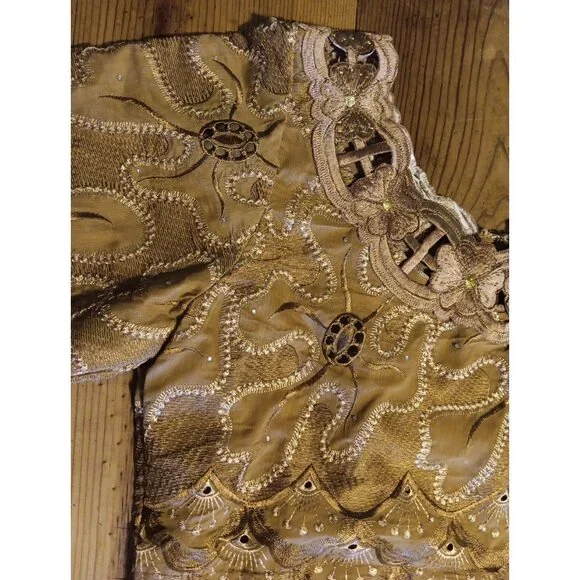 Jem Afrik Womens M 8 10 Dress 100% Cotton Tan Ethnic Cutout Floral Made In Ghana - Picture 2 of 9